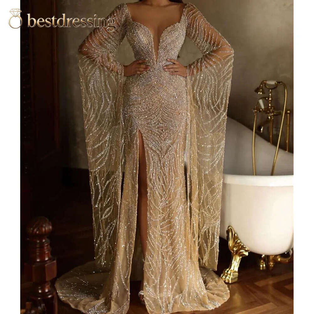 Sparkly New Arrival Evening Dresses V Neck Long Sleeves Capes Lace Floor Length Beaded Pearls Satin Sequins Side Slit Appliques Prom Dress Formal Pl