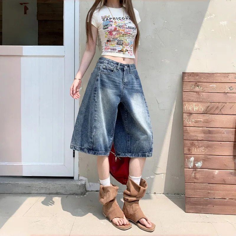 Women Y2k Wide Leg Denim Shorts Summer Casual Korean Vintage Cow Girl Baggy High Rise Jeans Jorts Bermuda Loose 260612