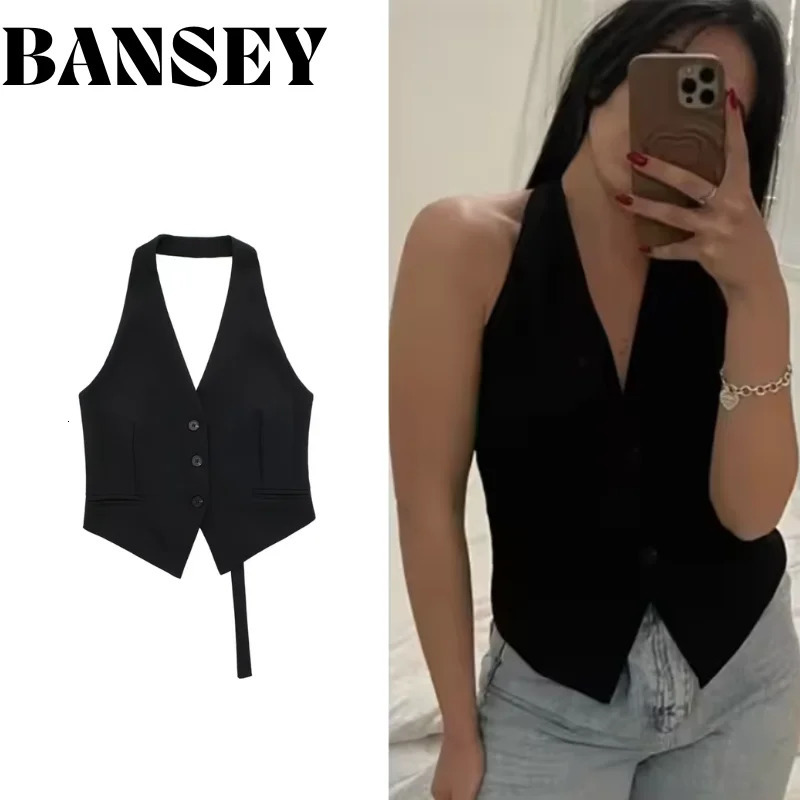 2025 Womens Fashion Off Shoulder Sleeveless Cropped Vest Backless n V Neck Short Summer Waistcoat Daily Outfits 260610