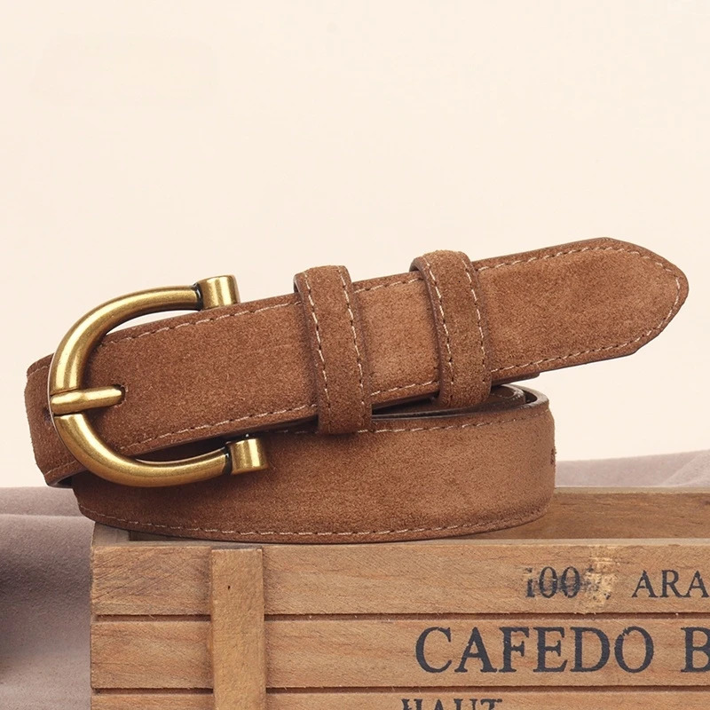 Genuine Leather Suede Women Belt Fashion Skinny Waistband Retro Gold Buckle Brown Belts for Jeans Pants 260610