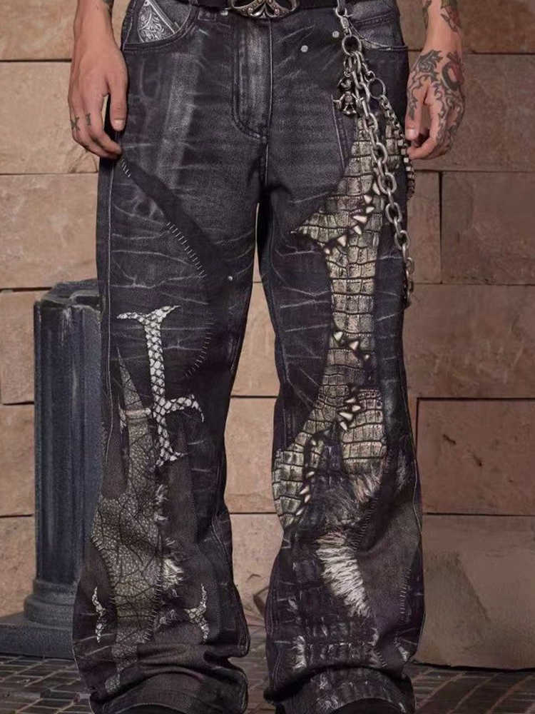 Mens Gothic Crocodile Snake Print Wide Leg Jeans Vintage Washed Denim Pants Streetwear Fashion Loose Straight Fit Trousers Q260612