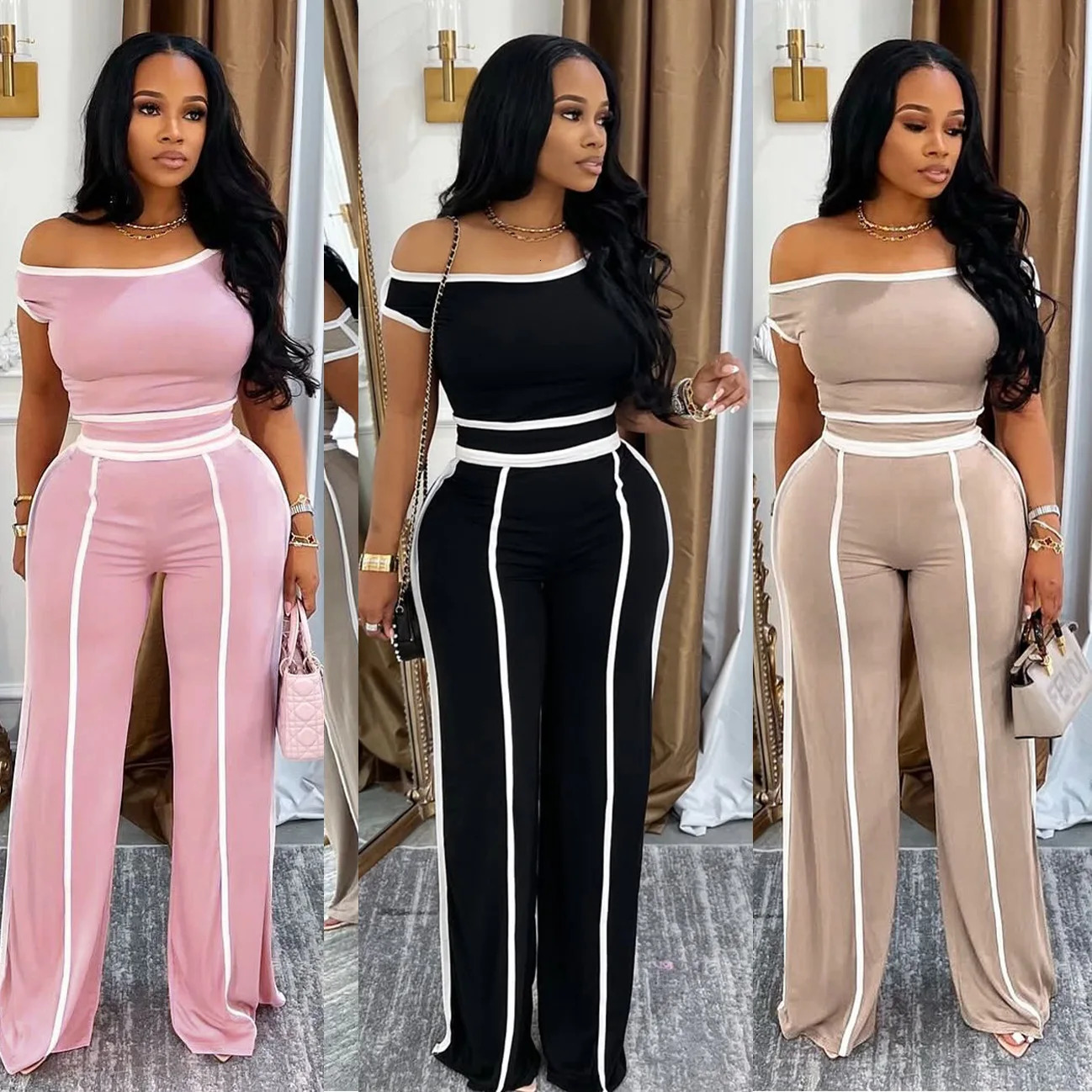 Casual Womens Solid Color Set with Diagonal Shoulders and Wide Legs Two Piece Summer 260611