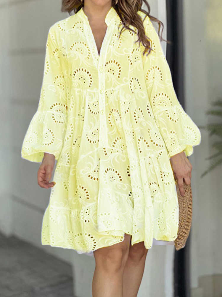 Dresses Casual Stand Collar Femme Hollow Out Dress Summer Beach Loose Waist Casual Solid Dress Women Flare Slve Mini Button Dresses S260612