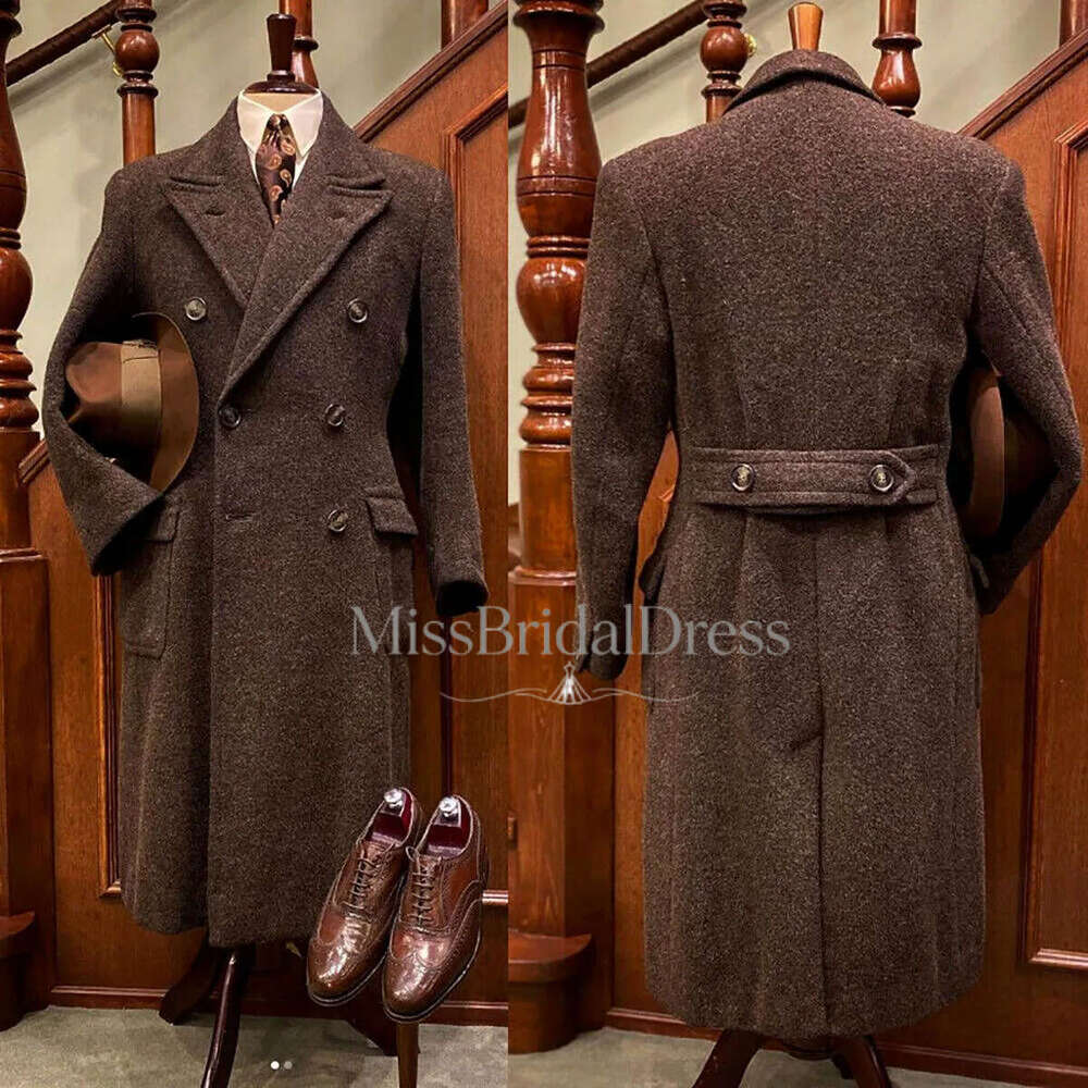Formal Brown Men Suits Thick Wool Custom Made Double Breasted Tuxedos Peaked Lapel Blazer Back Vent Business High Quality Popular Cheap Price Long C