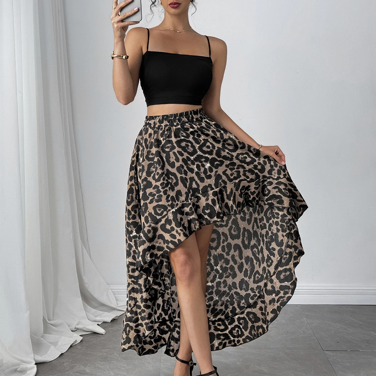 Women's Brown Leopard Print High Waist HighLow Ruffle Midi Skirt Spring Summer Vintage Sexy Daily Party 260603BANJIABANJIA
