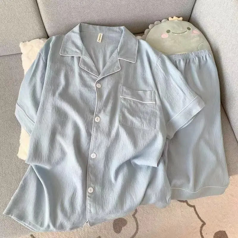 Youth Mens Slim Fit Pajama Set Solid Color Short Sleeve Lapel Top and Elastic Shorts Pajamas Summer Loungewear Sleepwear 260611