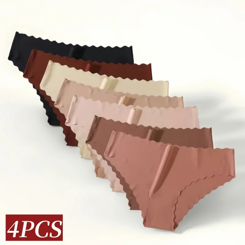 4Pcs/Set Ice Silk Mid-Rise Panties Womens Seamless Briefs Solid No Show Underwear Scalloped Edge Panties Sexy Lingerie XS-XL 260611