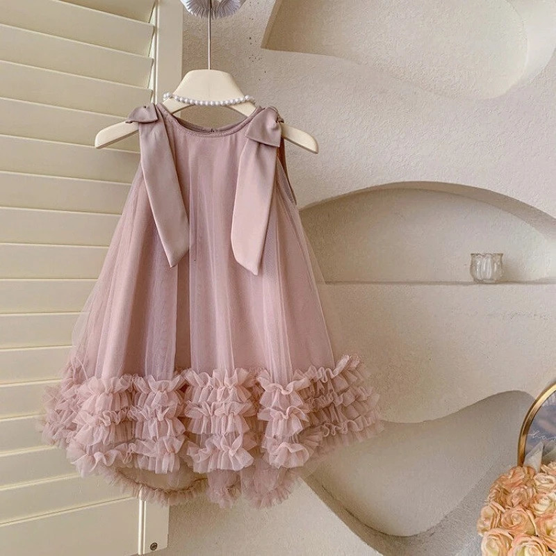 Bear Leader Korean Version Bow Sleeveless Mesh Wedding Party Birthday Dress Baby Girl Easter Summer Princess Dresses 260611