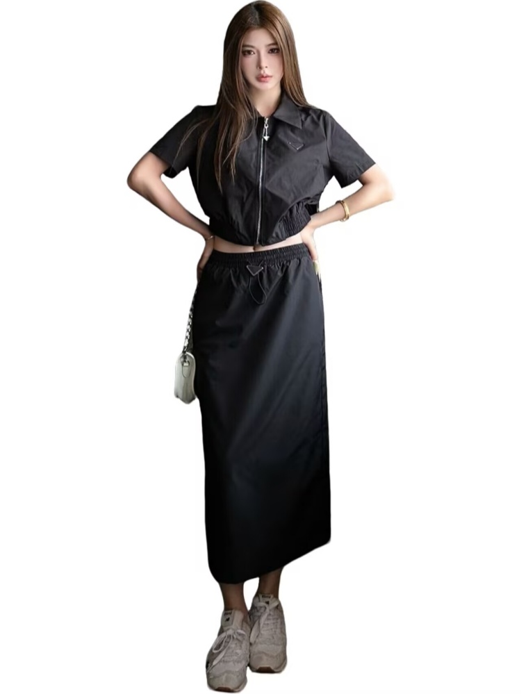 Women's 2 Piece Outfits 2026 Summer New Short Sleeve Zip Up Crop Top And Midi Skirt Set Casual Triangle Logo Two Piece Sets For Women