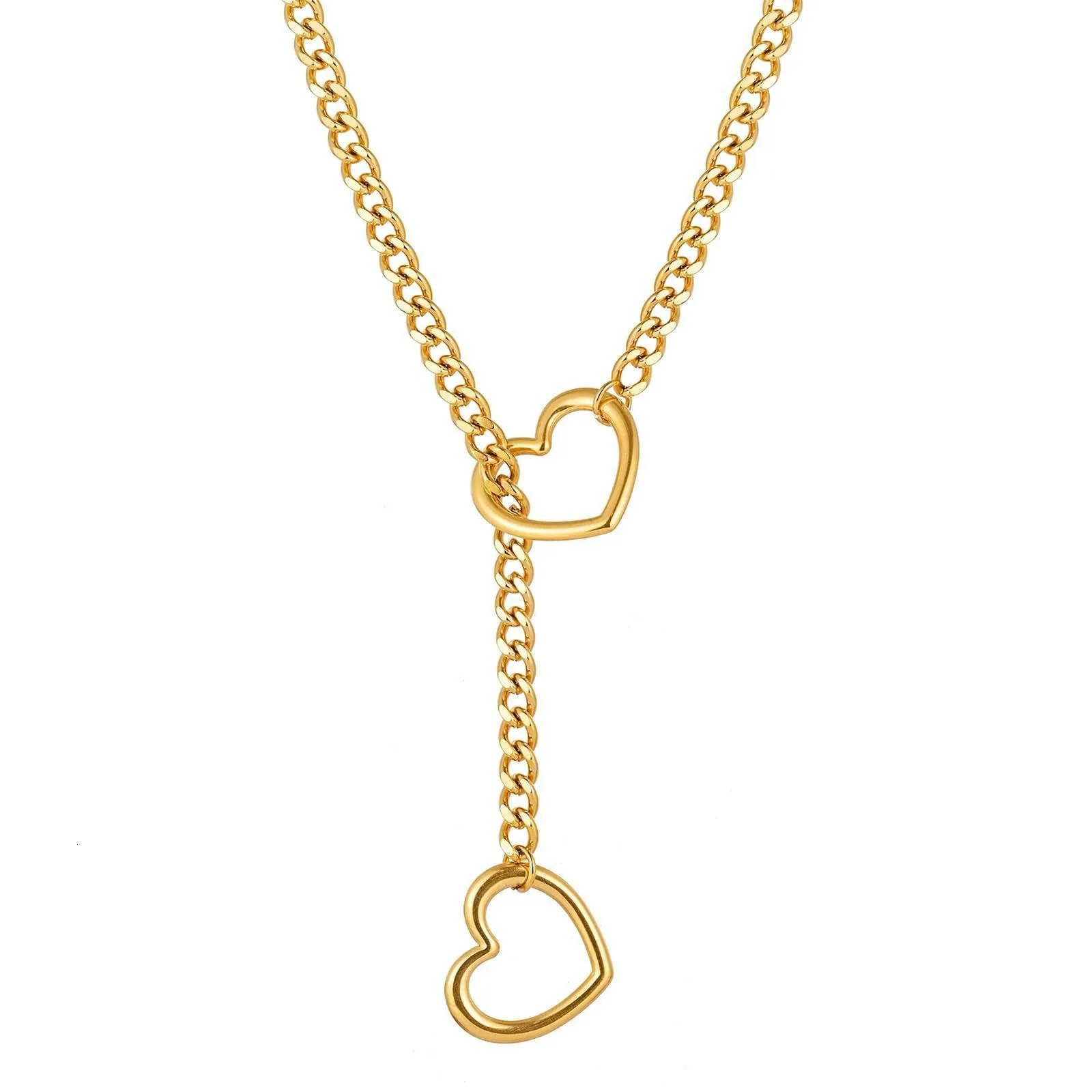 ZAKOL Adjustable Stainless Steel Cuban Link Necklace Hollow Heart Y-Shaped Necklace Punk Rock Style Party Accessories 260610