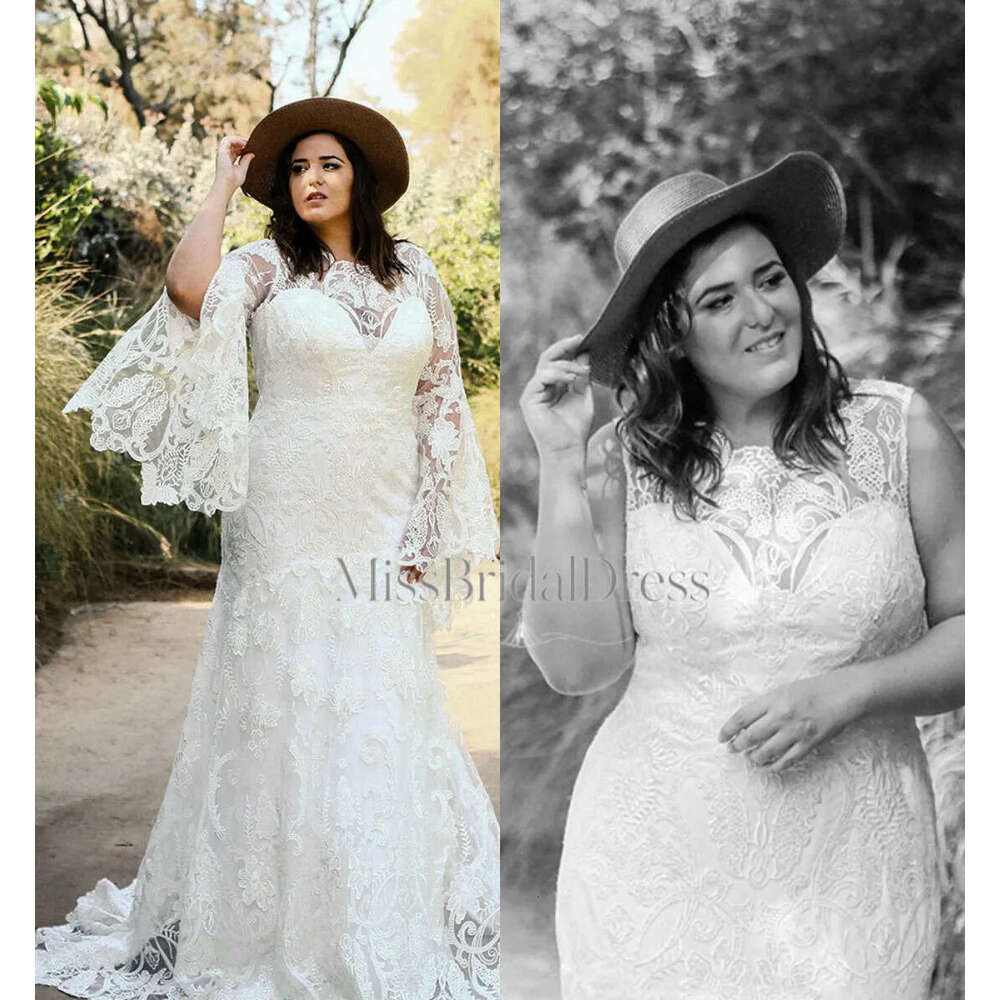 2020 Mermaid New Arrival Lace Tulle Zipper Plus Size Wedding Dresses Sweep Train Detachable Sleeve Bridal Gowns Mb612