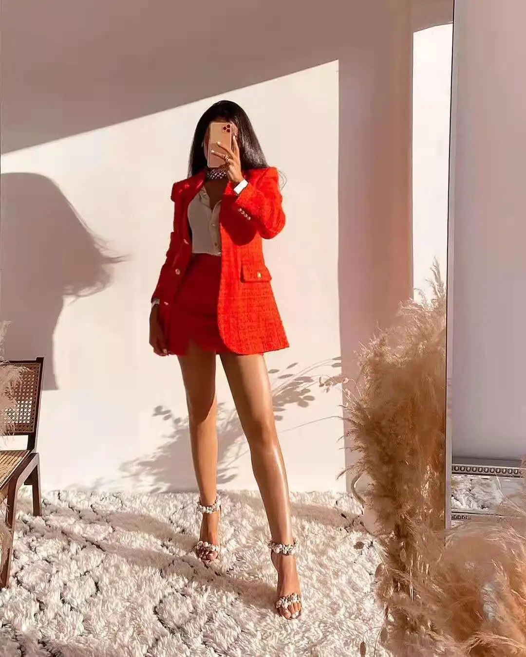 xikom Tweed Two pieces set Women red Vintage V Neck Long Sleeve Office Lady slim Blazer Coat Female Hight Waist skirt suit 260609BANJIABANJIA
