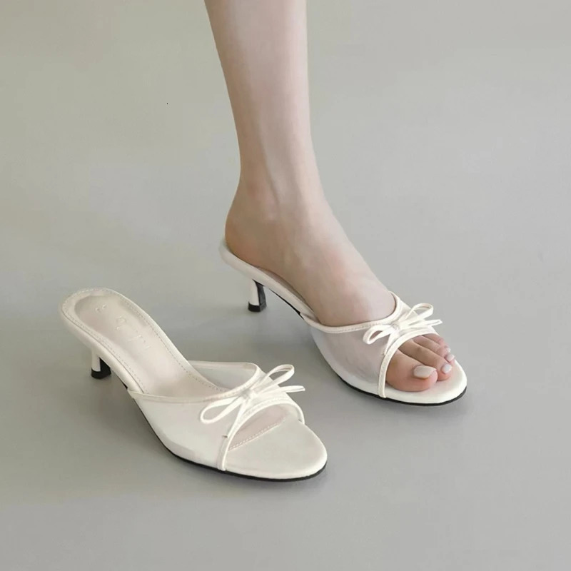 Fashion Bow Sandals Summer Classic Solid Color Stiletto Heel Womens Slippers Sexy Pointed Toe Banquet Women High Heels 260612