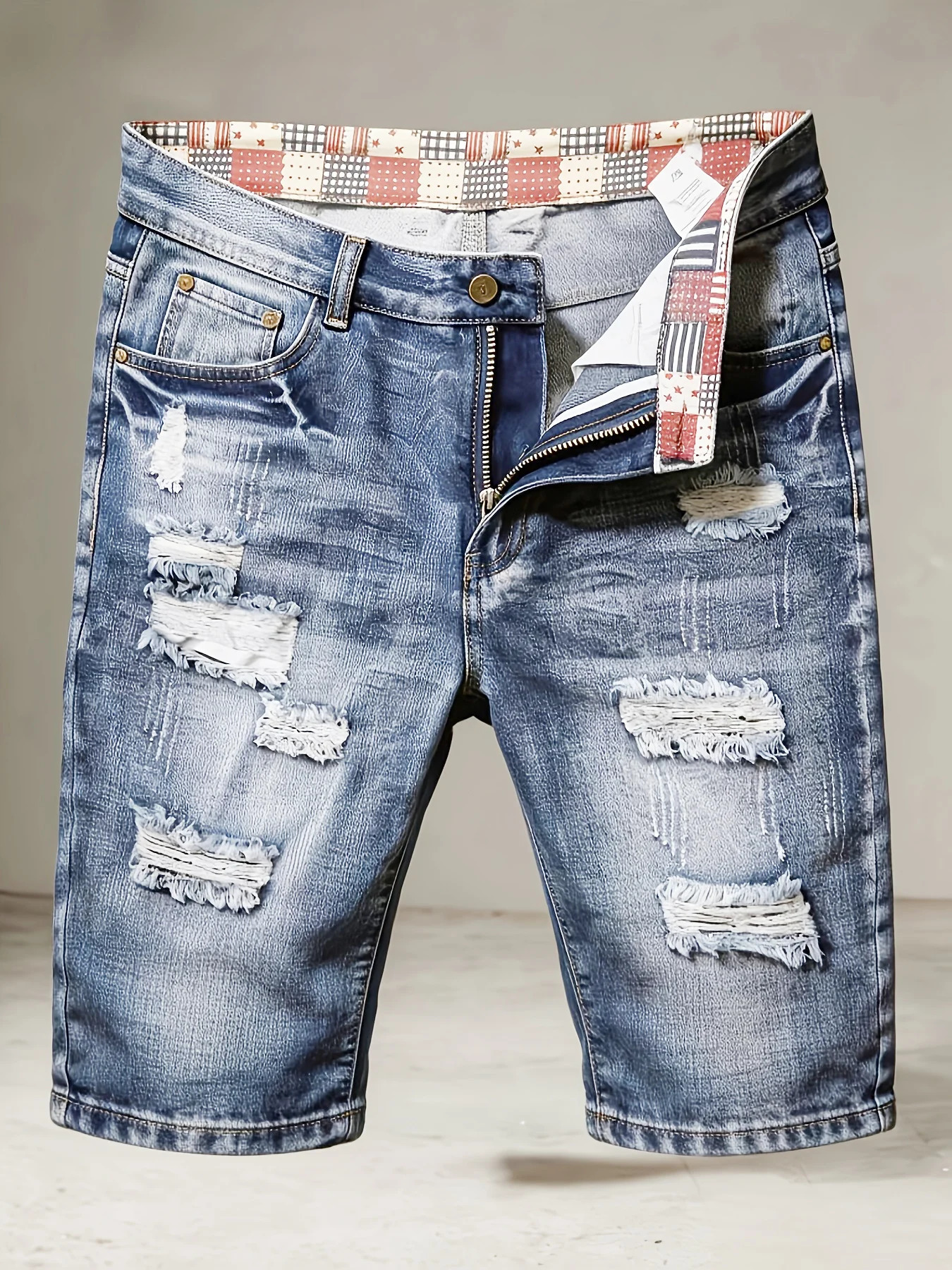 Mens Casual SpringSummer Denim Shorts Distressed with Frayed Edges and Patchwork Details Fashionable StreetSt 260612