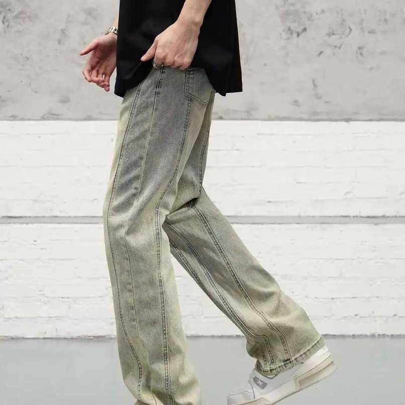 style American yellow mud dyed micro glitter jeans vintage niche pants with visible stitching suitable for casual mens clothing S260612