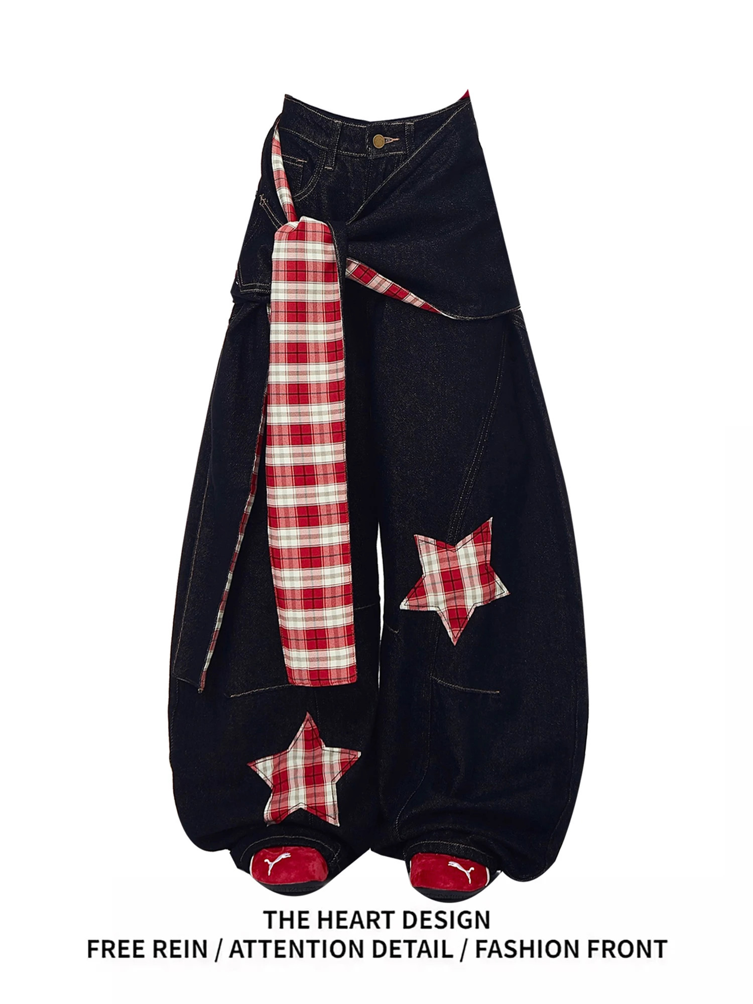 Y2K Womens Vintage Dark Denim Jeans Plaid Patchwork Star Appliques Baggy Wide Leg Streetwear Casual Trousers 260612