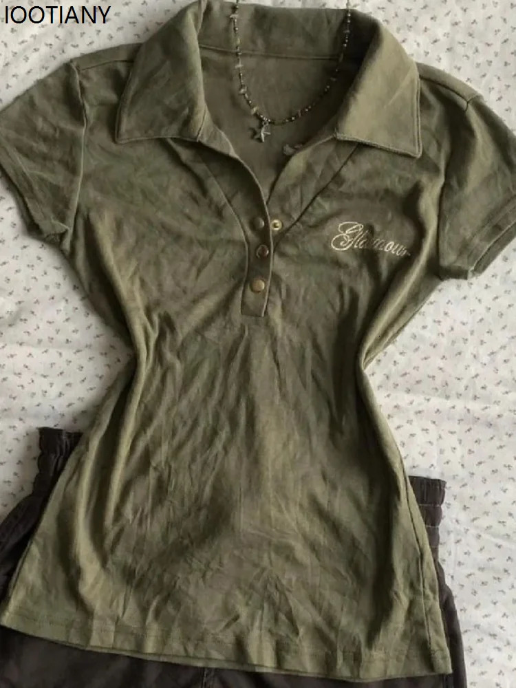 Vintage Polo Shirt Y2k Womens Gothic Style Vneck Slim Harajuku American Letter Print Punk Army Green Short Sleeve Tshirt 260612