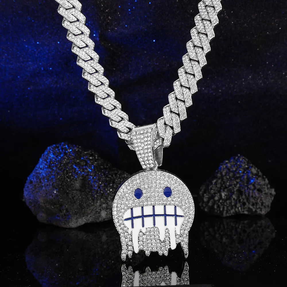 Men White Blue Cubic Zirconia Paved Hip Hop Round Face Pendants Necklaces with Cuban Chain Iced Out Bling CZ Fashion Boy Jewelry 260610