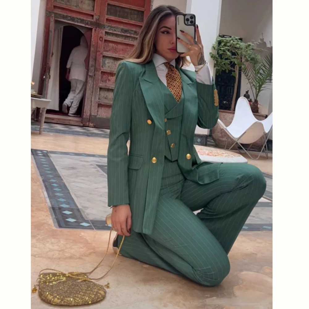 Traje de mujer de rayas verdes, chaqueta de 3 piezas con doble botonadura, chaleco, pantalones, ropa femenina, corte entallado, conjunto Formal de o