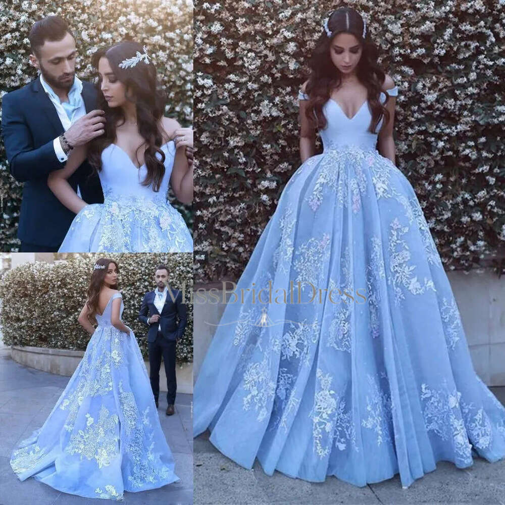 White Blue Dresses Princess Bridal Ball Beading V Neck Sleeveless Lace Appliques Wedding Gowns Petites Plus Size Custom Made Mb612