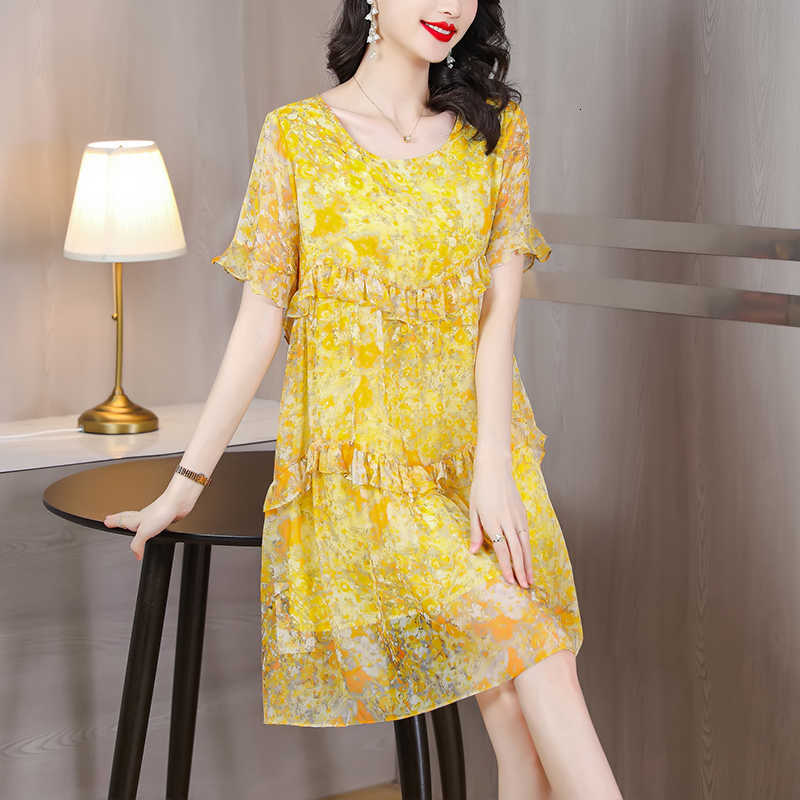 Dresses Casual Summer New Yellow Silk Short Slve Floral Print Dress Beach Oversized Loose and Ruffled Silk Skirt S260612