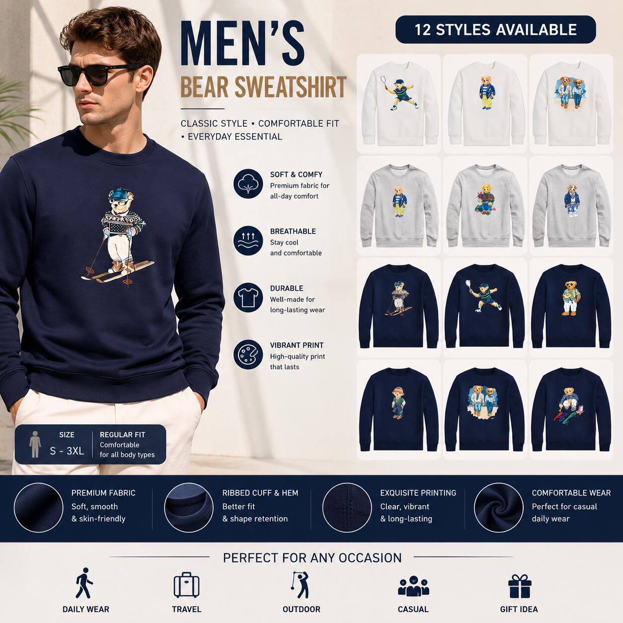 Men Women Bear Graphic Sweatshirt Horse Casual Crewneck Pullover Long Sleeve Streetwear Fashion Printed Fleece Sweater Tops