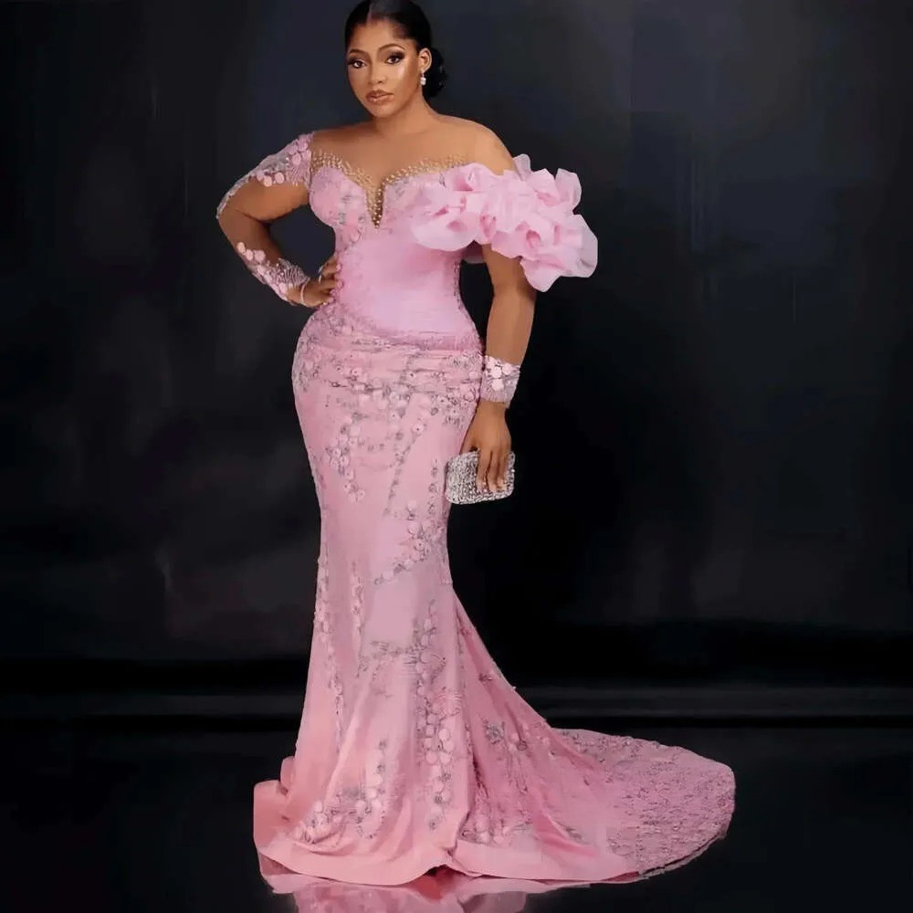 2026 sweet pink mermaid evening dresses flower long sleevees formal party luxurious sequins beading womens prom dress custom made