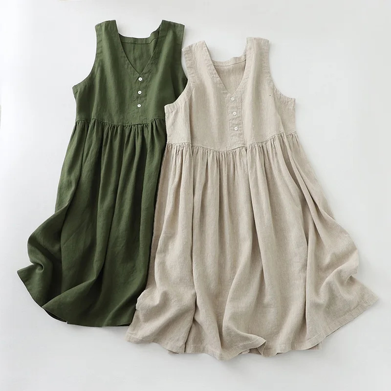 2026 Womens Cotton Linen Sleeveless Dress Casual V Neck Button Down Loose Midi Dresses for Summer 260612