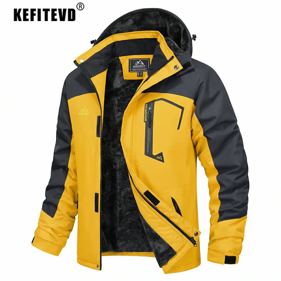 KEFITEVD Mens Winter Warm Fleece Ski Snow Jacket with Multi-Pockets Thermal Overcoats Men Parkas Waterproof Hiking Jacket 260611