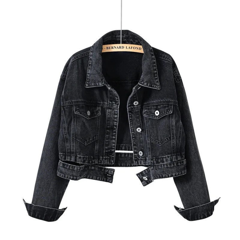 Womens Trendy Streetwear Spring Autumn Black Short Denim Jacket Coat Female Vintage High Waist Long Sleeve Jean Outerwear 260609