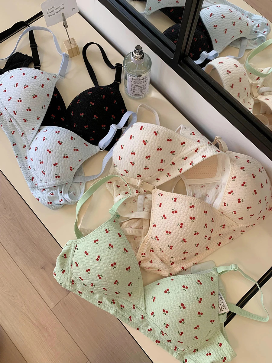 MOYISU Desire Korean Version of Sweet Cherry Print Breathable Triangle Cup Underwear Womens Thin Comfortable Antisag Small Bra 260610