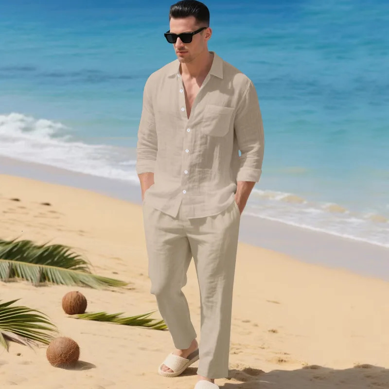 American Linen Mens Casual Loose Breathable Longsleeved Pants Shirt Beach Suit 260612