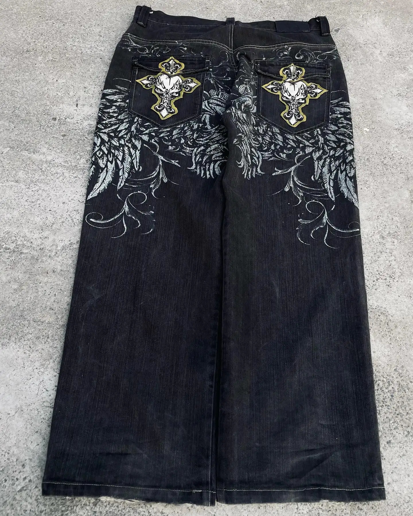 Gothic Retro American Y2K Cross Embroidery Patchwork Baggy Jeans Men Streetwear Casual Straight Wideleg Pants Couple 260611