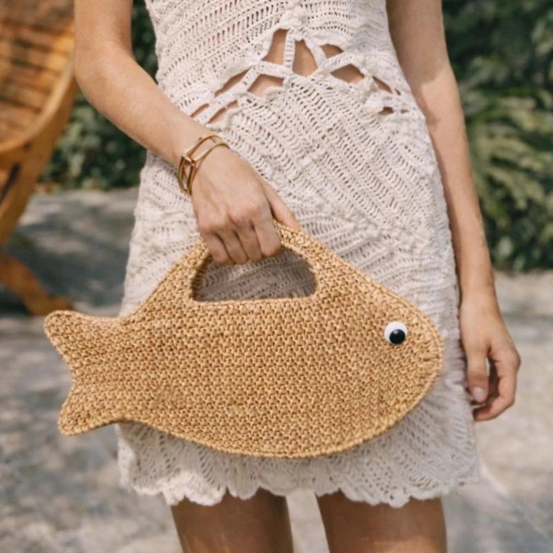 Raffia Straw Woven BagFish Shaped Funny Cute Women HandbagSpring Summer Boho Beach Vacation Evening Elegant Clutch Purse 260611