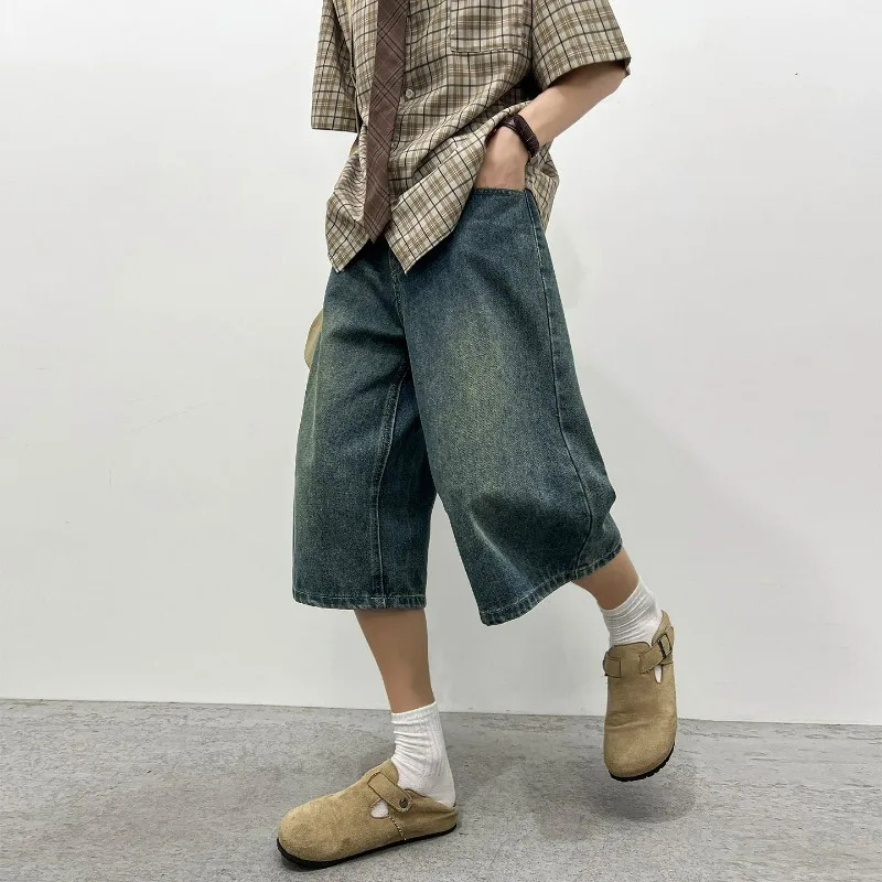 Summer Mens Casual Jeans Shorts Loose Korean Mid High Waist Fashion Knee Lenght Denim Short Pants Male Daily 260609