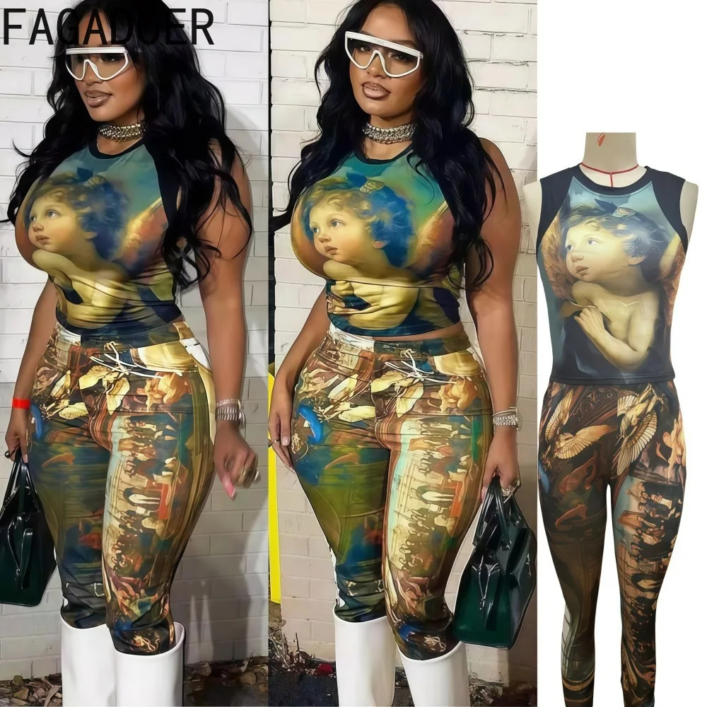 FAGADOER Fashion Print 2 Piece Sets Woman Outfit Oil Painting Sleeveless Crop Top And Pants Female Streetwear Summer Spring 260611
