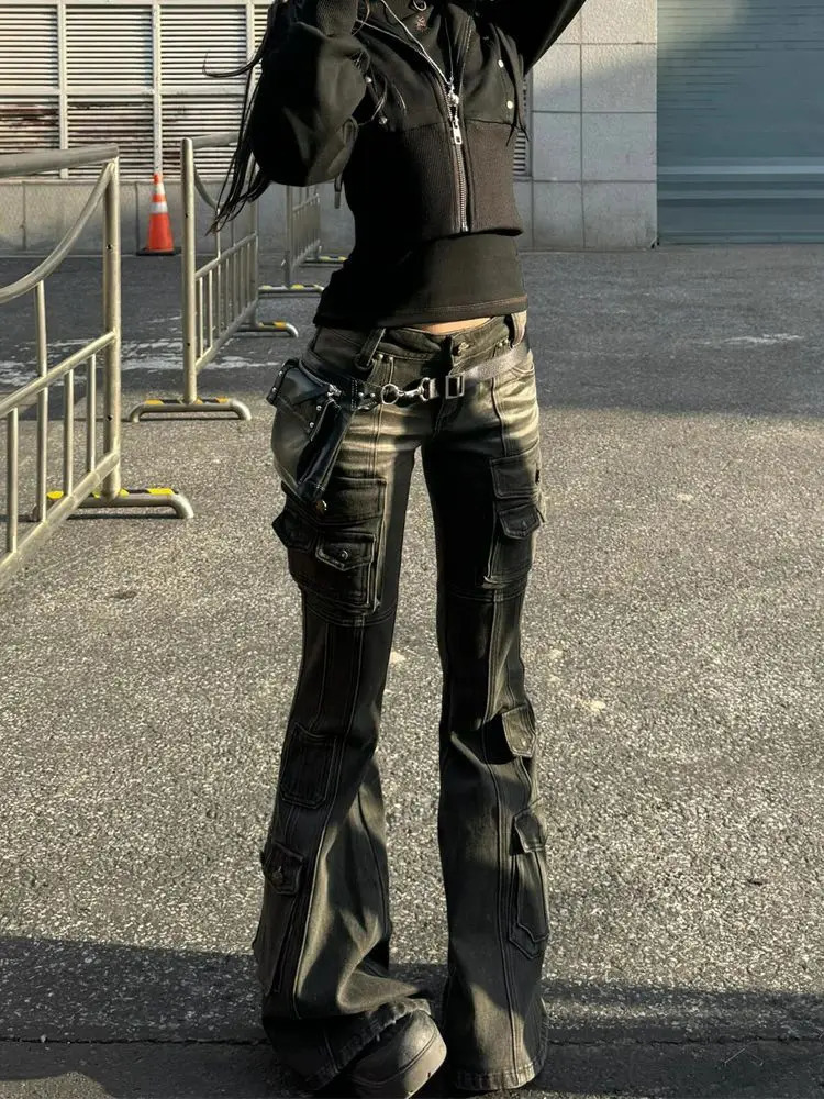 Deeptown Y2k Vintage Punk Women Flared Jeans Harajuku Distressed Low Waist American Style Denim Cargo Pants Grunge Gyaru Casual 260611