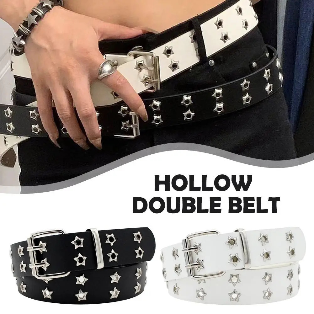 Y2K Punk Rivet Leather Belts Star PU Black White Waist Strap Double Row Hollow For Jeans Skirt Decor Gothic Waistband260605