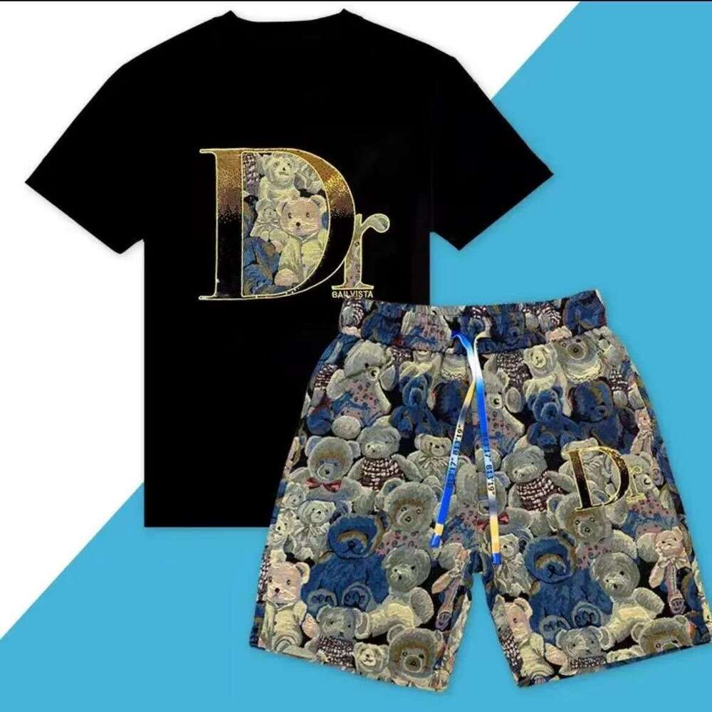 Fashion Men European Style Bear Letter Print Short-Sleeve Shorts For Men, Trendy Sports 2026 Summer New Men's Outfit