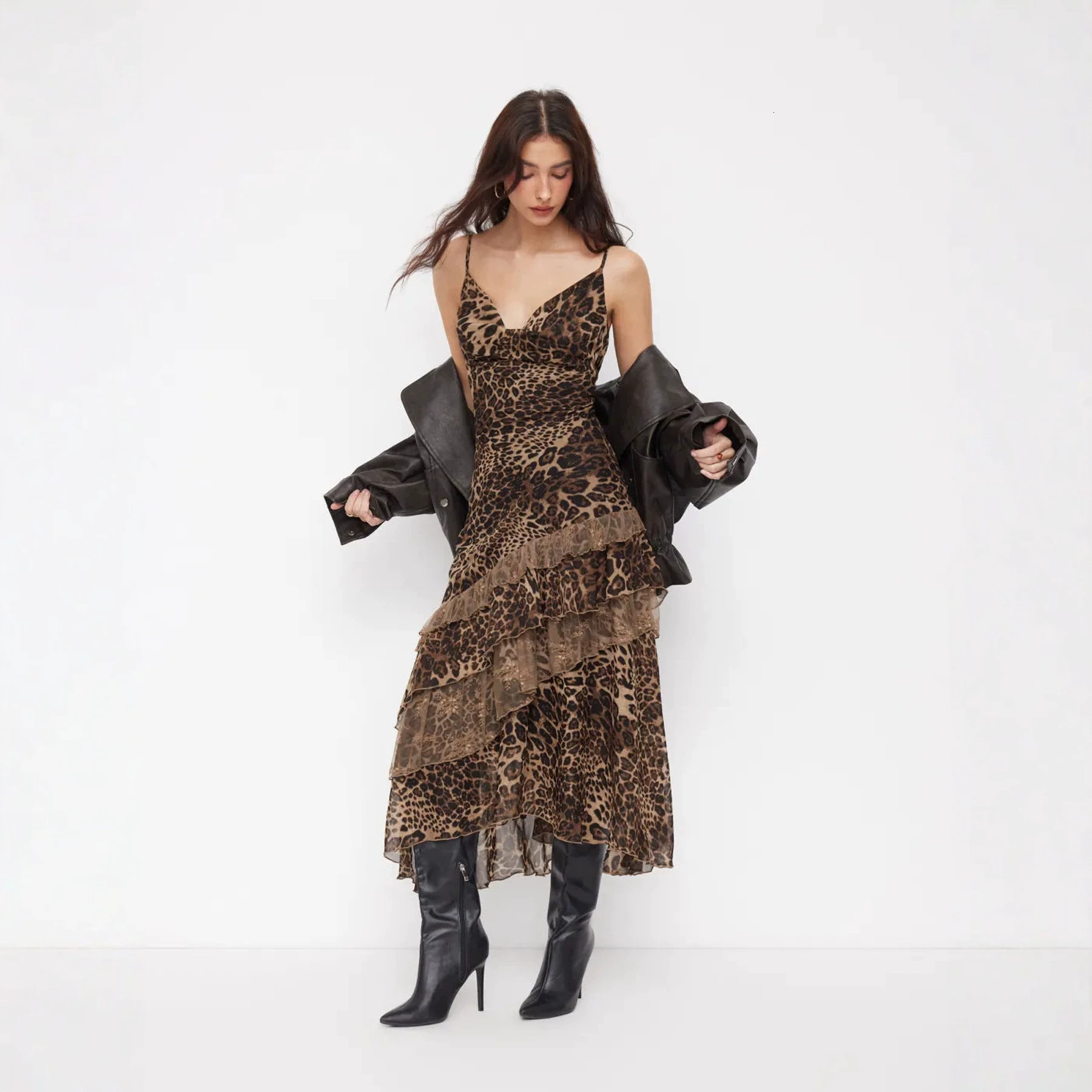 High End Luxury Women Designer Dress Hot Selling In America Sexy Leopard Print Backless Collar Camisole Skirt Summer Transparent Multi-layer Pleated