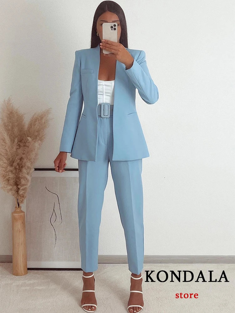 KONDALA Office Lady Light Blue Blazer Suits Women 2 Pieces V Neck Loose JacketsHigh Waist Sashes Pants Fashion Autumn Sets 260610
