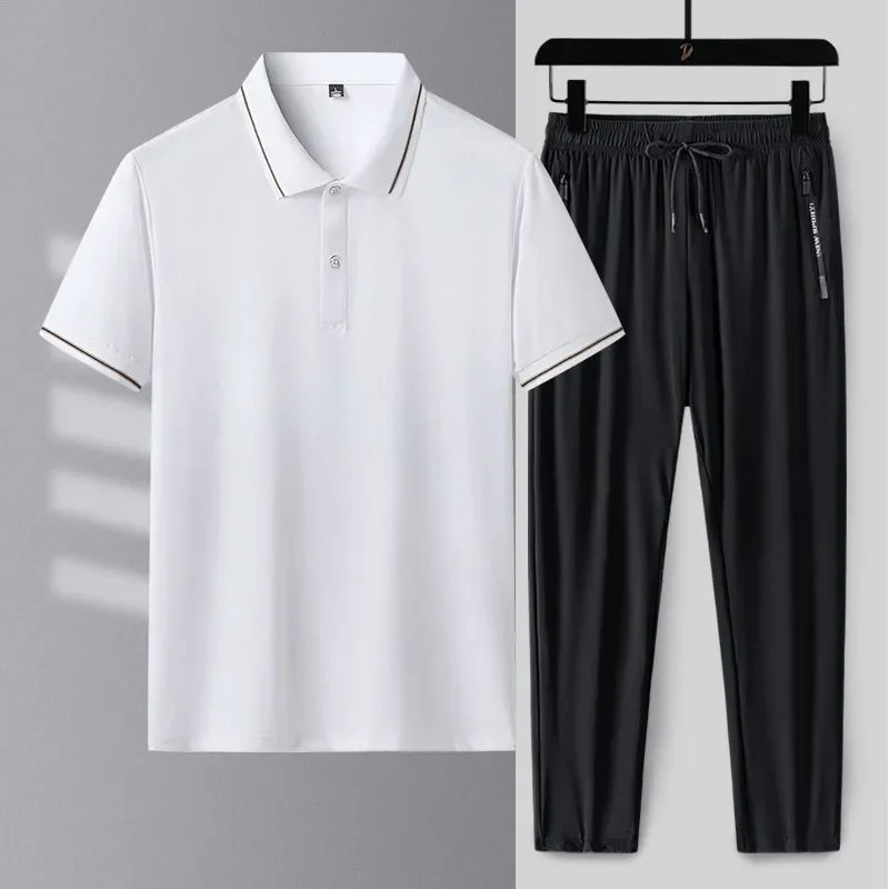 Middle Aged Men Summer Quick Dry Ice Silk Lapel Polo Pants Set Breathable Casual Sports Outfit S4XL