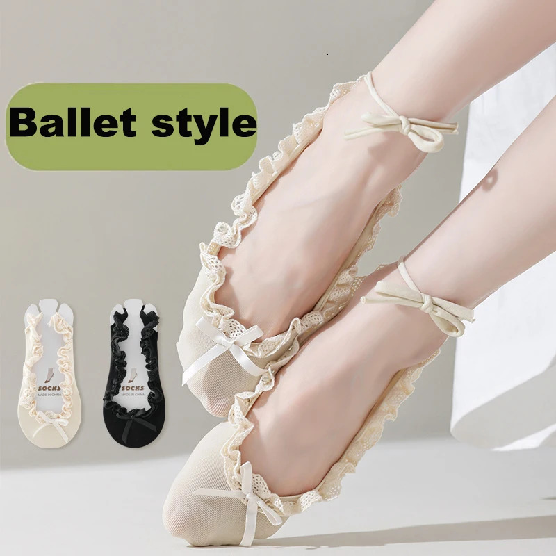 3 Pairs Womens Socks Ballet Style Spring Summer Autumn Cool Bow Tie Lolita Floral Thin Lace With Small Leather Shoes Boat Socks 260611