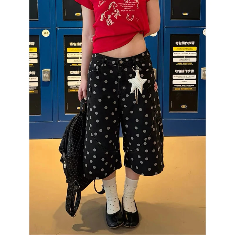 YIBASHU 2026 Summer Women American Retro Black Dot Jeans Shorts Y2K 2000s Harajuku Denim SevenFoot Pants Streetwear High Street 260611