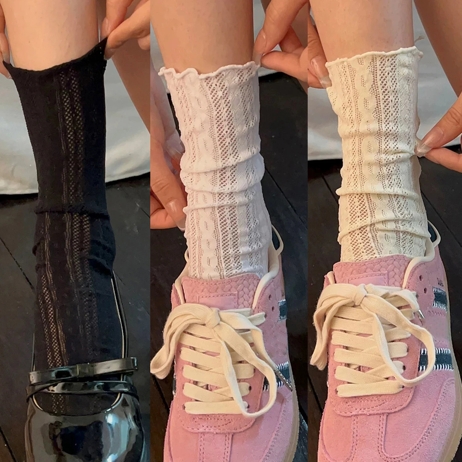 3pairs Kawaii Girls Cute Socks Spring Summer Mesh Hollow Out Women Socks Solid Color Female Harajuku Retro Vintage Long Socks 260612