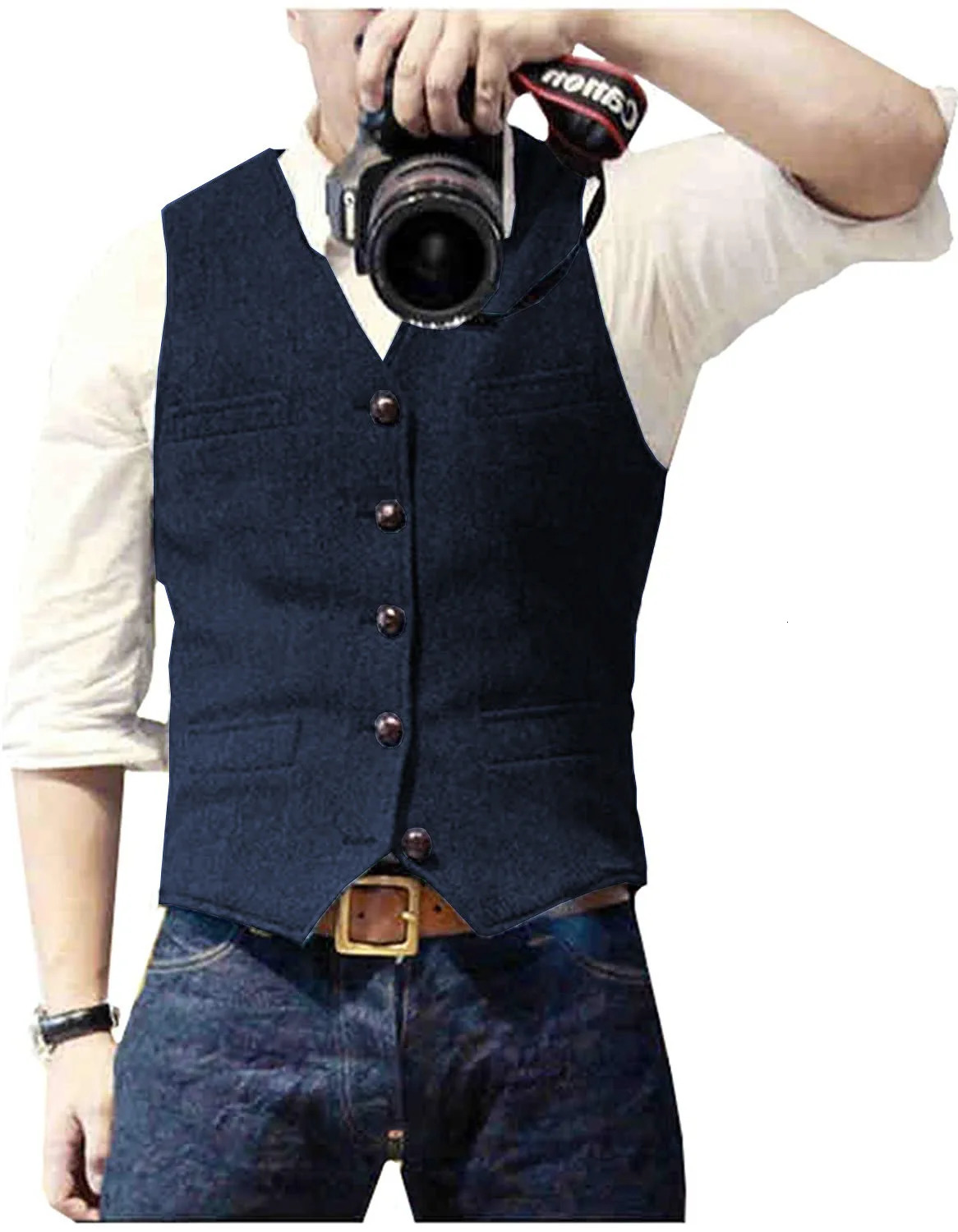 Mens Suit Vest V Neck Wool Herringbone Tweed Casual Waistcoat Formal Business Groomman 260612