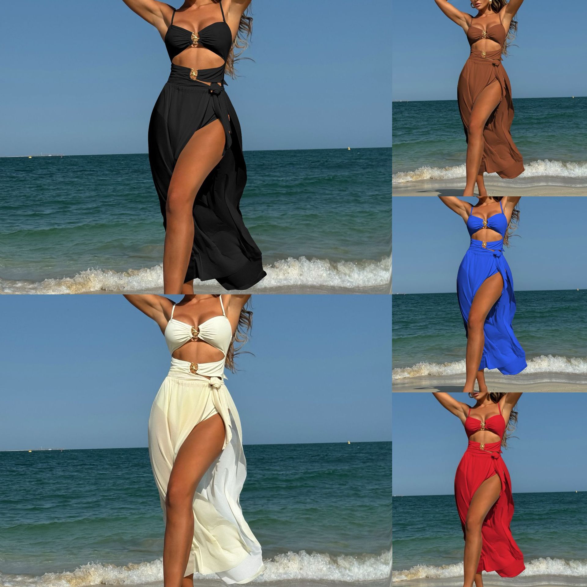 Free shipping 2026 New Solid Color Sexy Mesh Long Skirt Three-Piece Swimsuit Bikini
