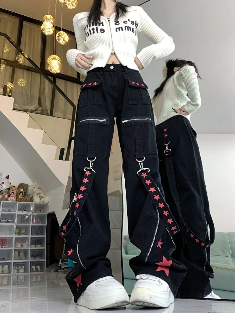 HOUZHOU Y2k Black Star Graphic Jeans cargo da donna Punk Gamba larga Pantaloni in denim dritto retrò americano Baggy Grunge Streetwear 260608