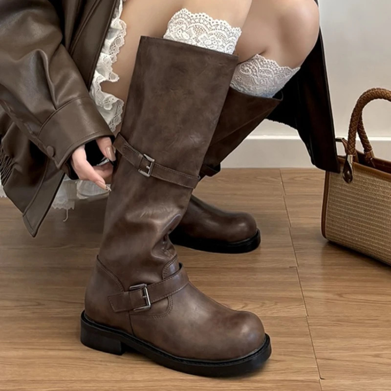 Botas hasta la rodilla con hebilla de cinturón Vintage para mujer, zapatos elegantes de tacón bajo sin cordones, botines largos de caballero para ot