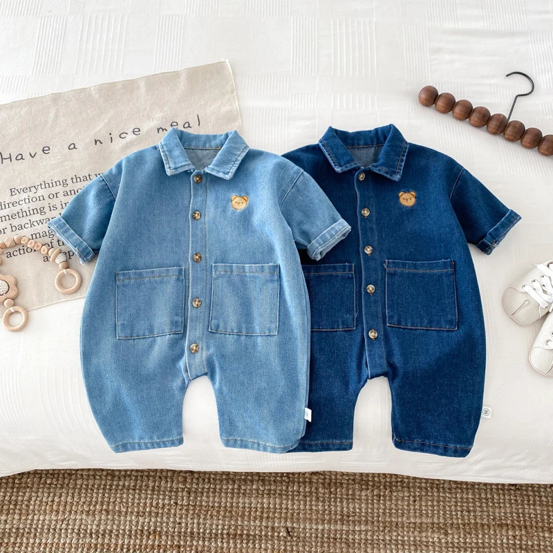 Korean Style born Bodysuit Baby Jumpsuit Boy Girl Autumn Outdoors Bear Prints Denim Romper 02yrs 260612